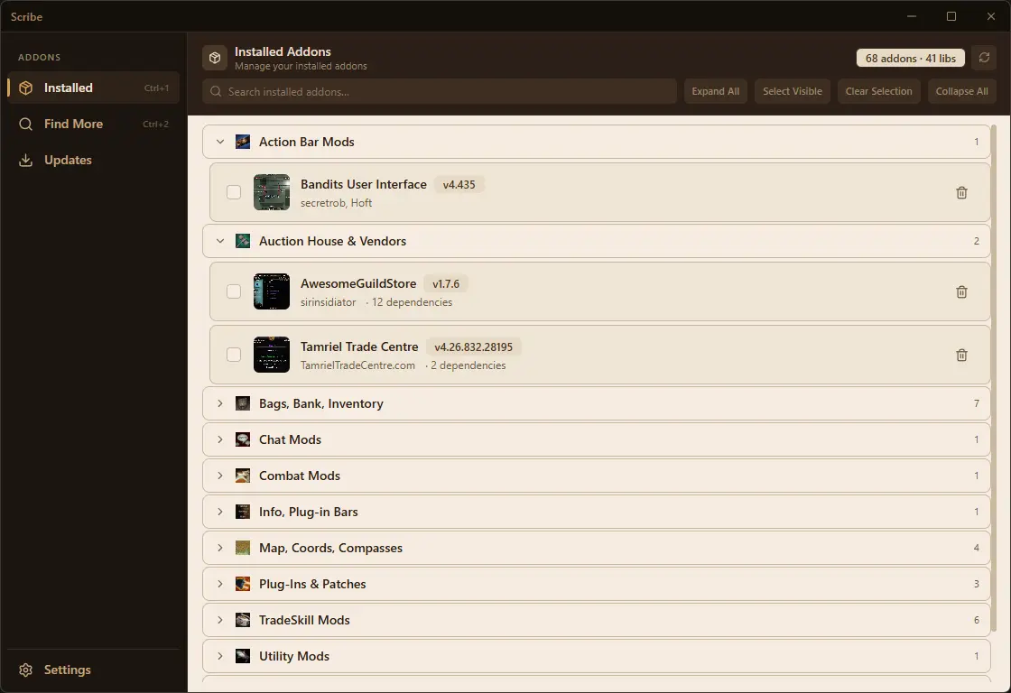 Scribe's installed addons list
